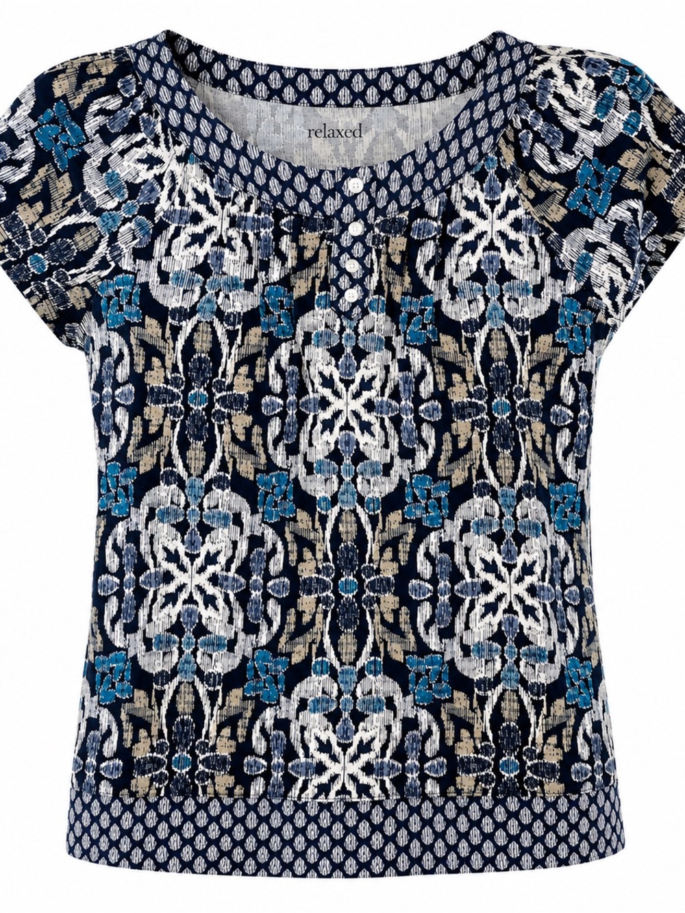 Relaxed By Charter Club Womens 3XL Short Sleeve Blue & White Patterned Top With